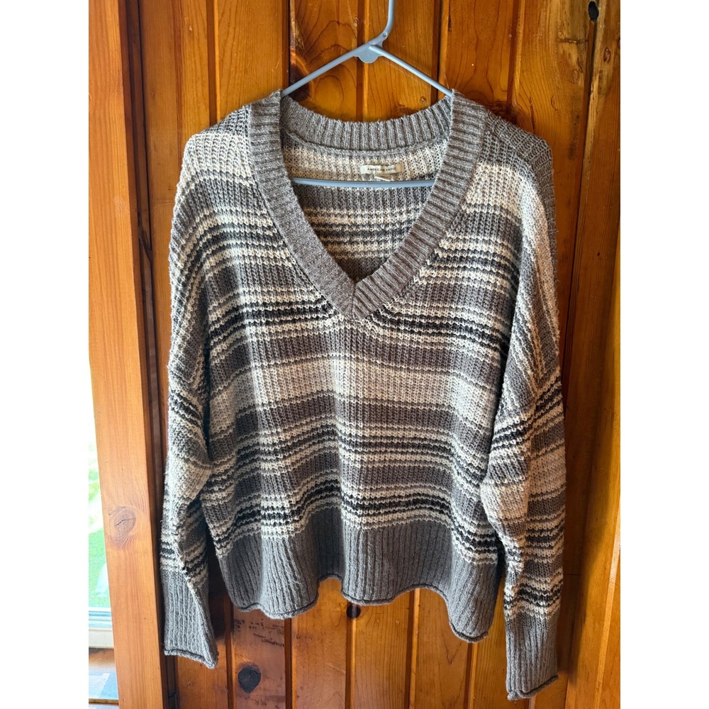 American Eagle Womens Striped V-Neck Sweater Gray Oversized Knit Pullover